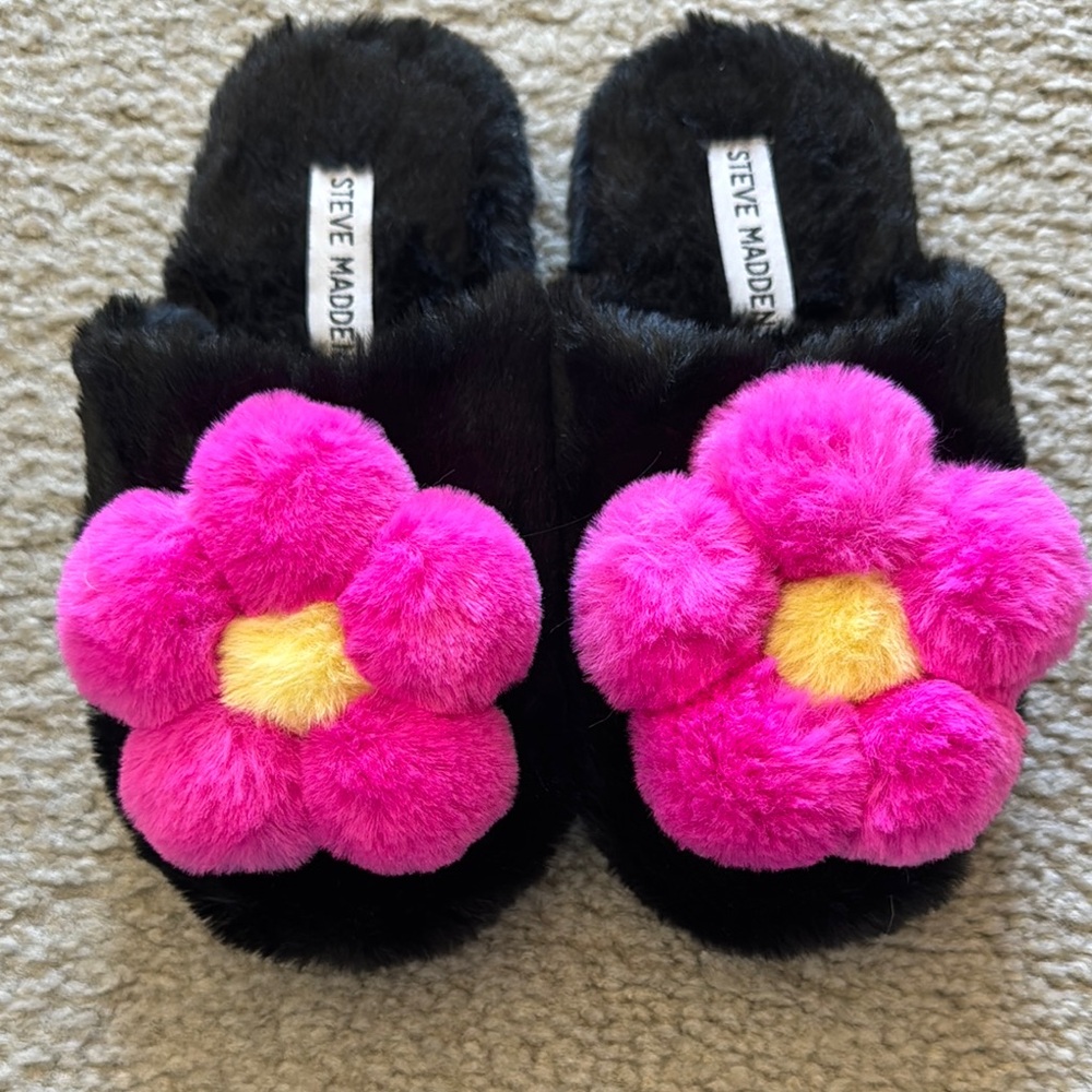 Steve Madden Black Slippers with Pink Floral Design